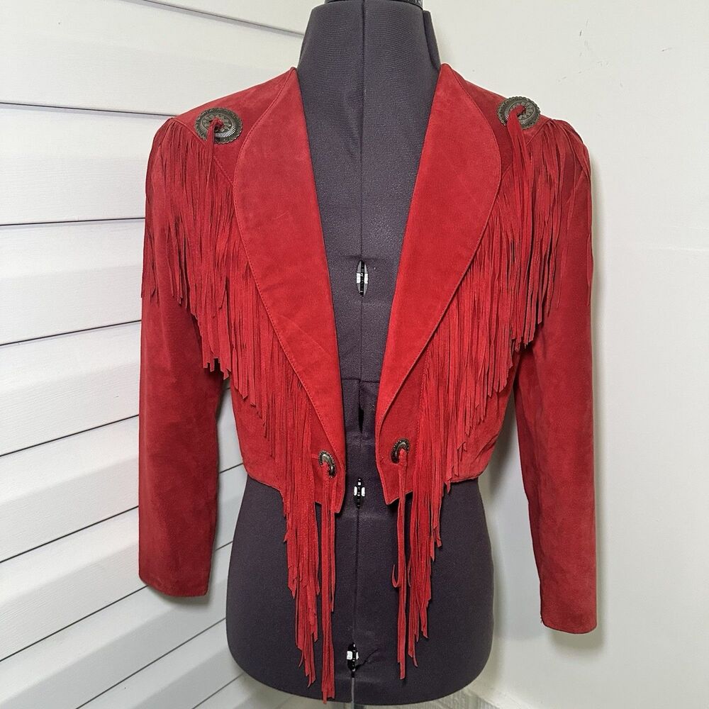 Vintage Cedar Crest Genuine Suede Red Fringe Crop Jacket Western Fringe 12 Large